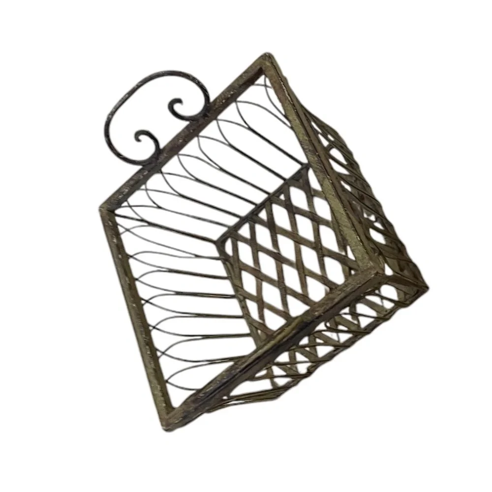 Vintage Wrought Iron Square‎ Ornate Handles Basket Sage Green, Set Of 2